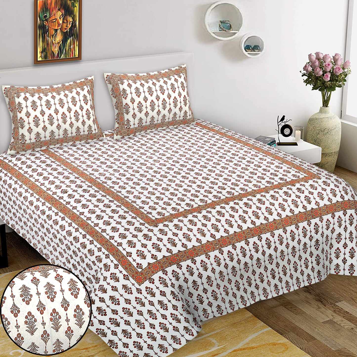 Hand Block Printed Jaipuri Cotton Double Bed Sheet With 2 Pillow Covers - Floral Pattern Ethnic Indian Design