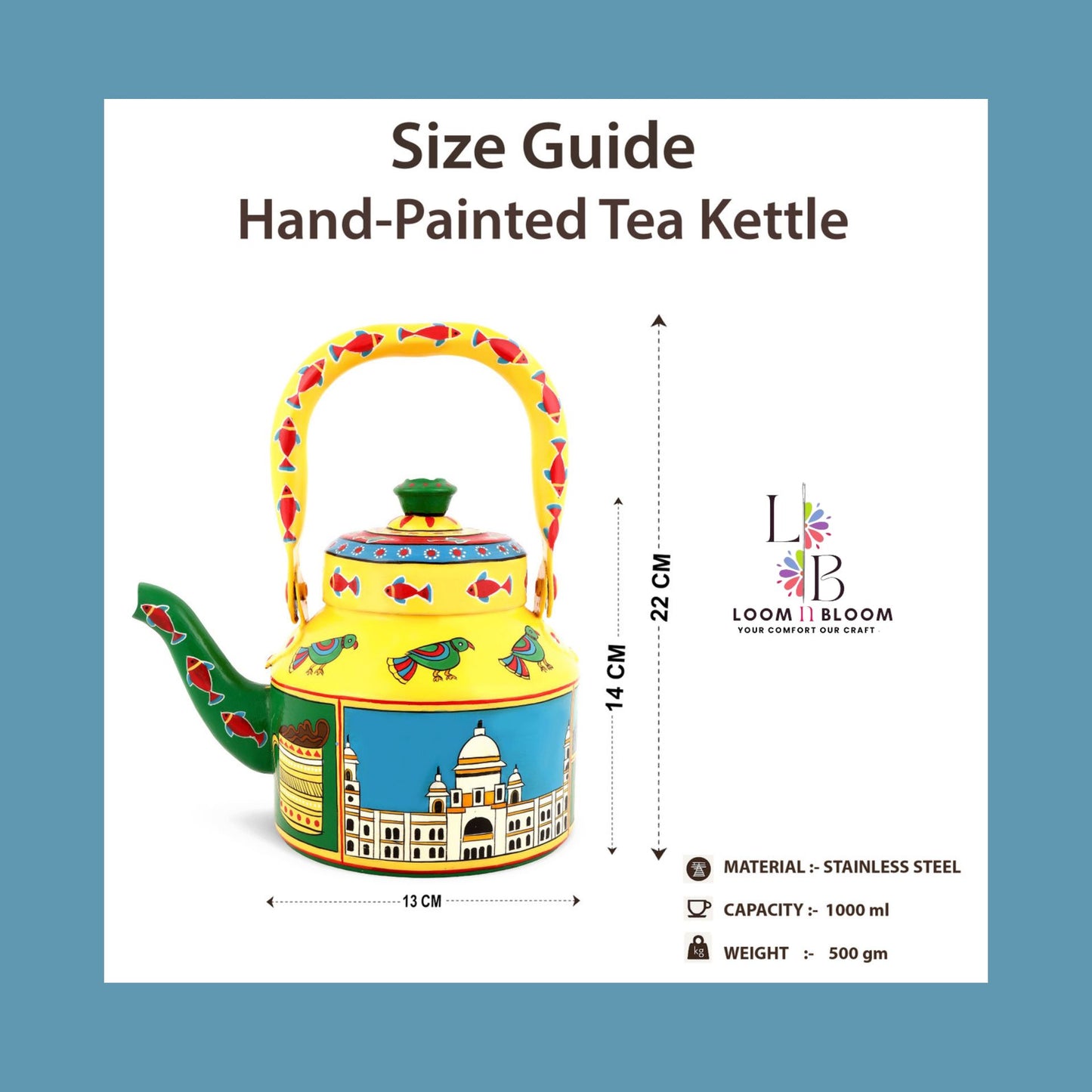 HanPainted Stainless Steel Tea Kettle - Artistic Decorative Floral Tea Pot for Home Kitchen Decor kerala Art