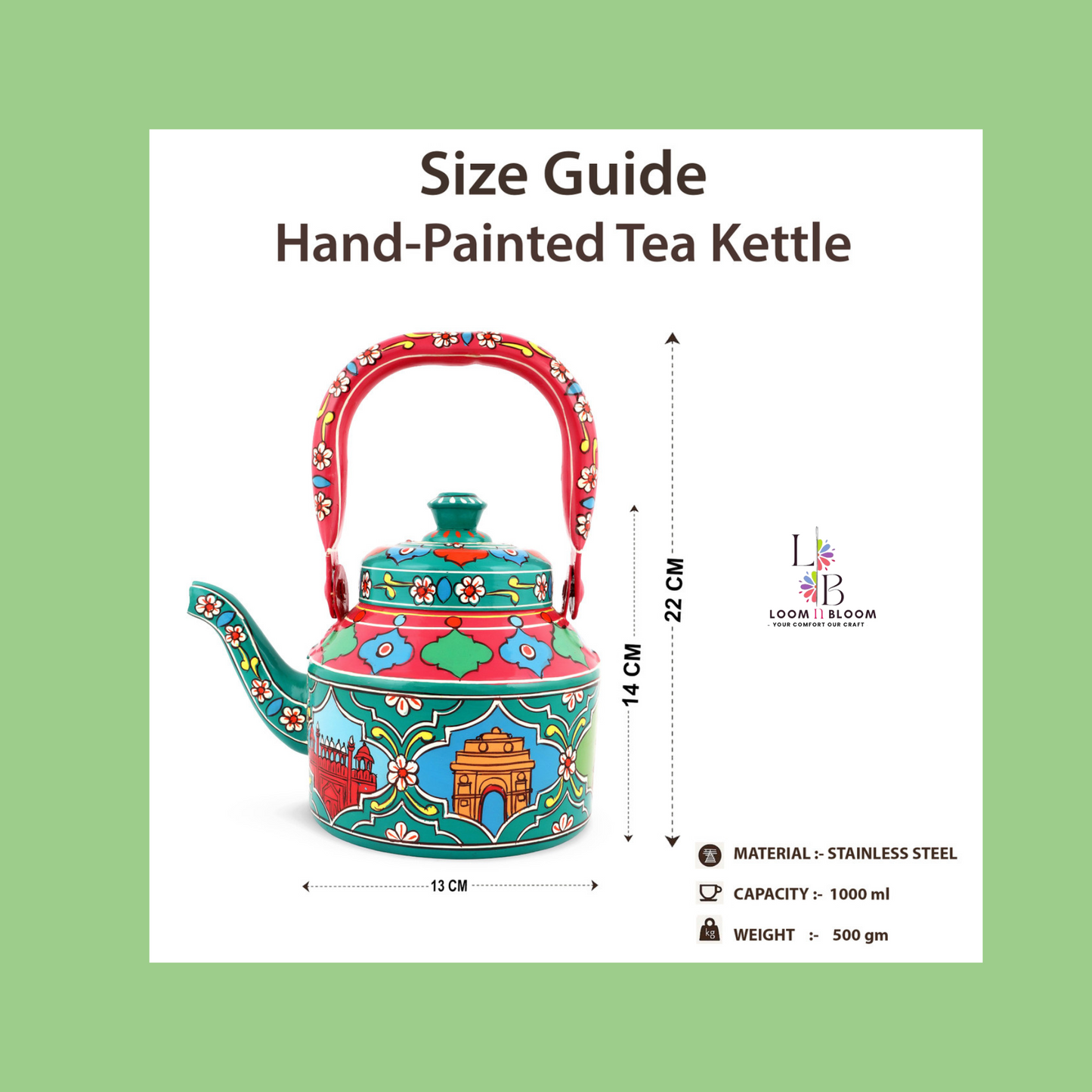 HanPainted Stainless Steel Tea Kettle - Artistic Decorative Floral Tea Pot for Home Kitchen Decor