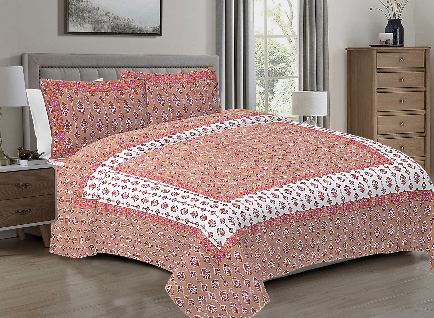 Hand Block Printed Jaipuri Cotton Double Bed Sheet With 2 Pillow Covers - Floral Pattern Ethnic Indian Design