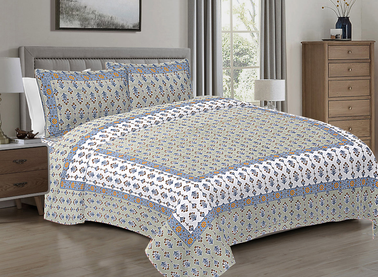 Hand Block Printed Jaipuri Cotton Double Bed Sheet With 2 Pillow Covers - Floral Pattern Ethnic Indian Design