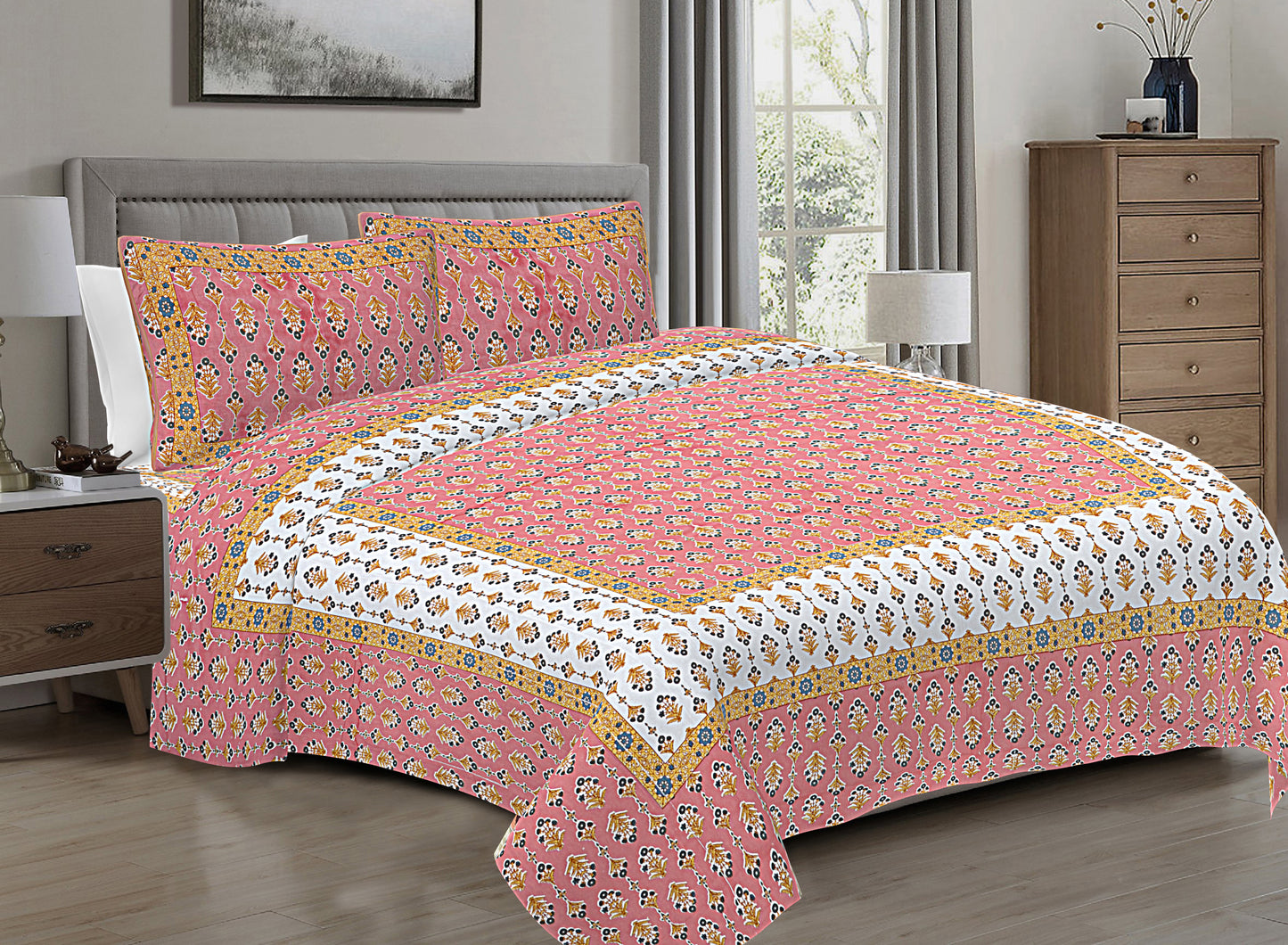 Hand Block Printed Jaipuri Cotton Double Bed Sheet With 2 Pillow Covers - Floral Pattern Ethnic Indian Design