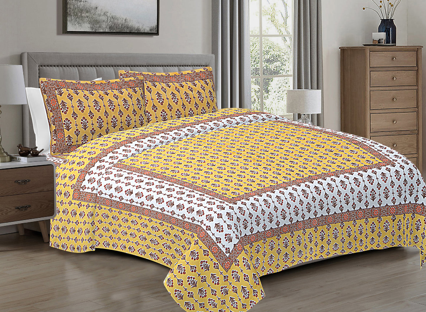 Hand Block Printed Jaipuri Cotton Double Bed Sheet With 2 Pillow Covers - Floral Pattern Ethnic Indian Design