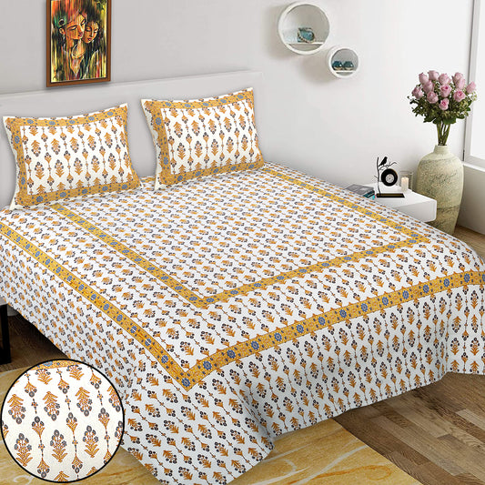 Hand Block Printed Jaipuri Cotton Double Bed Sheet With 2 Pillow Covers - Floral Pattern Ethnic Indian Design