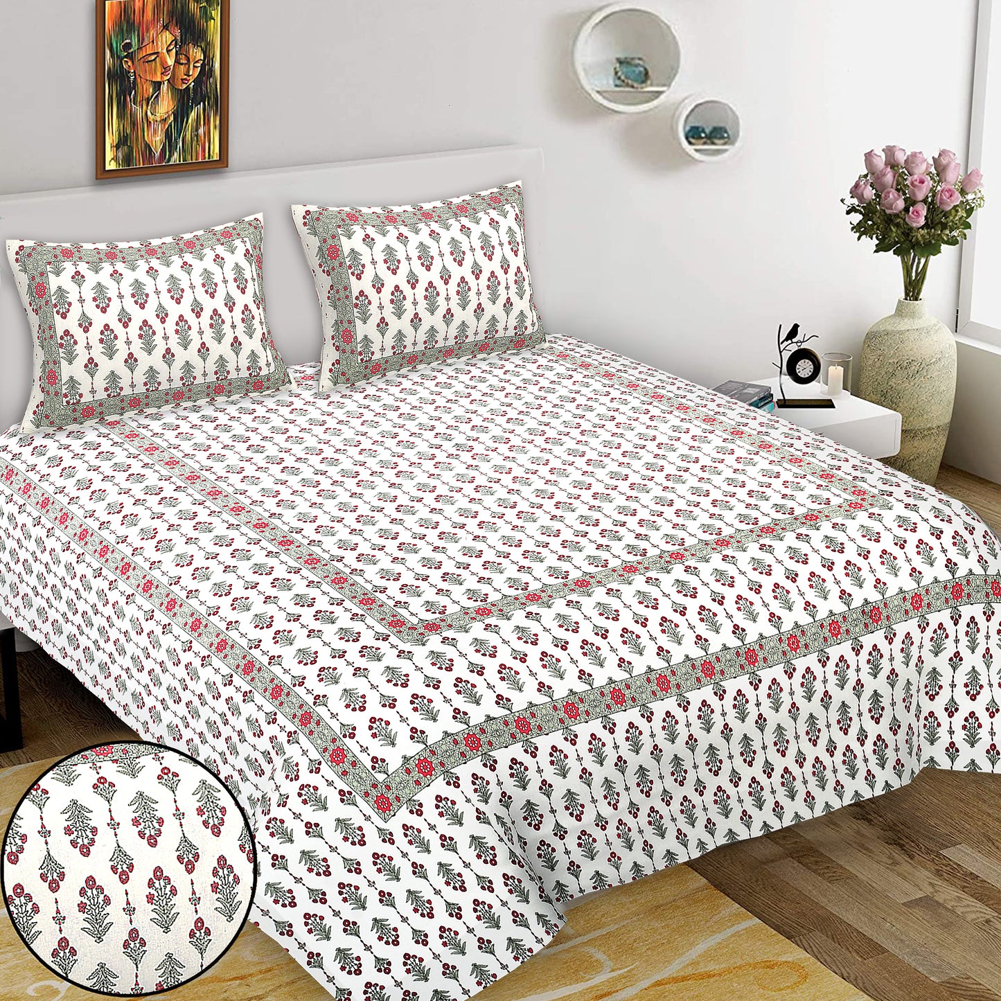 Hand Block Printed Jaipuri Cotton Double Bed Sheet With 2 Pillow Covers - Floral Pattern Ethnic Indian Design