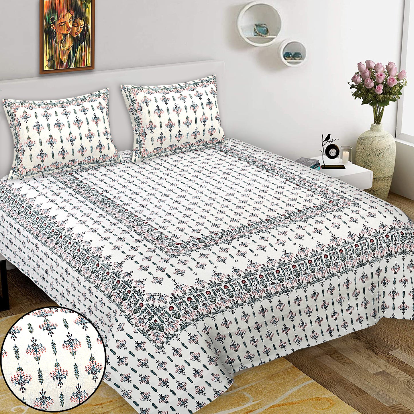 Hand Block Printed Jaipuri Cotton Double Bed Sheet With 2 Pillow Covers - Floral Pattern Ethnic Indian Design (Copy)