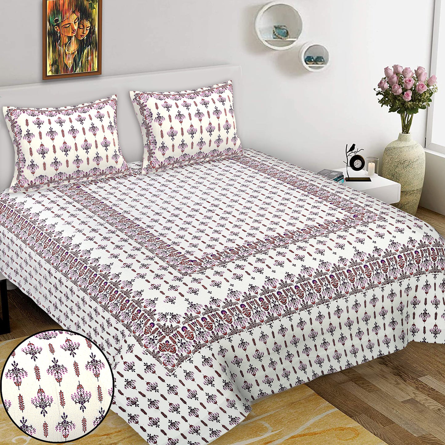 Hand Block Printed Jaipuri Cotton Double Bed Sheet With 2 Pillow Covers - Floral Pattern Ethnic Indian Design (Copy)