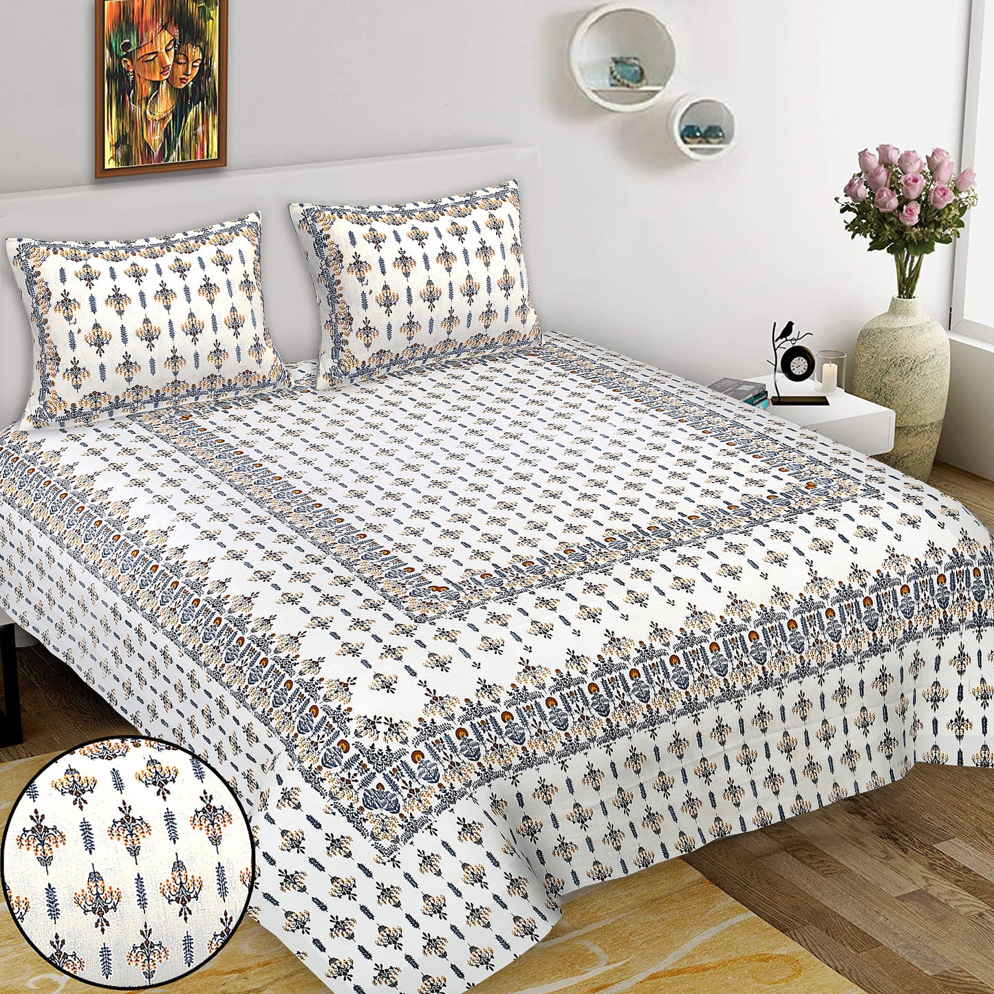 Hand Block Printed Jaipuri Cotton Double Bed Sheet With 2 Pillow Covers - Floral Pattern Ethnic Indian Design (Copy)