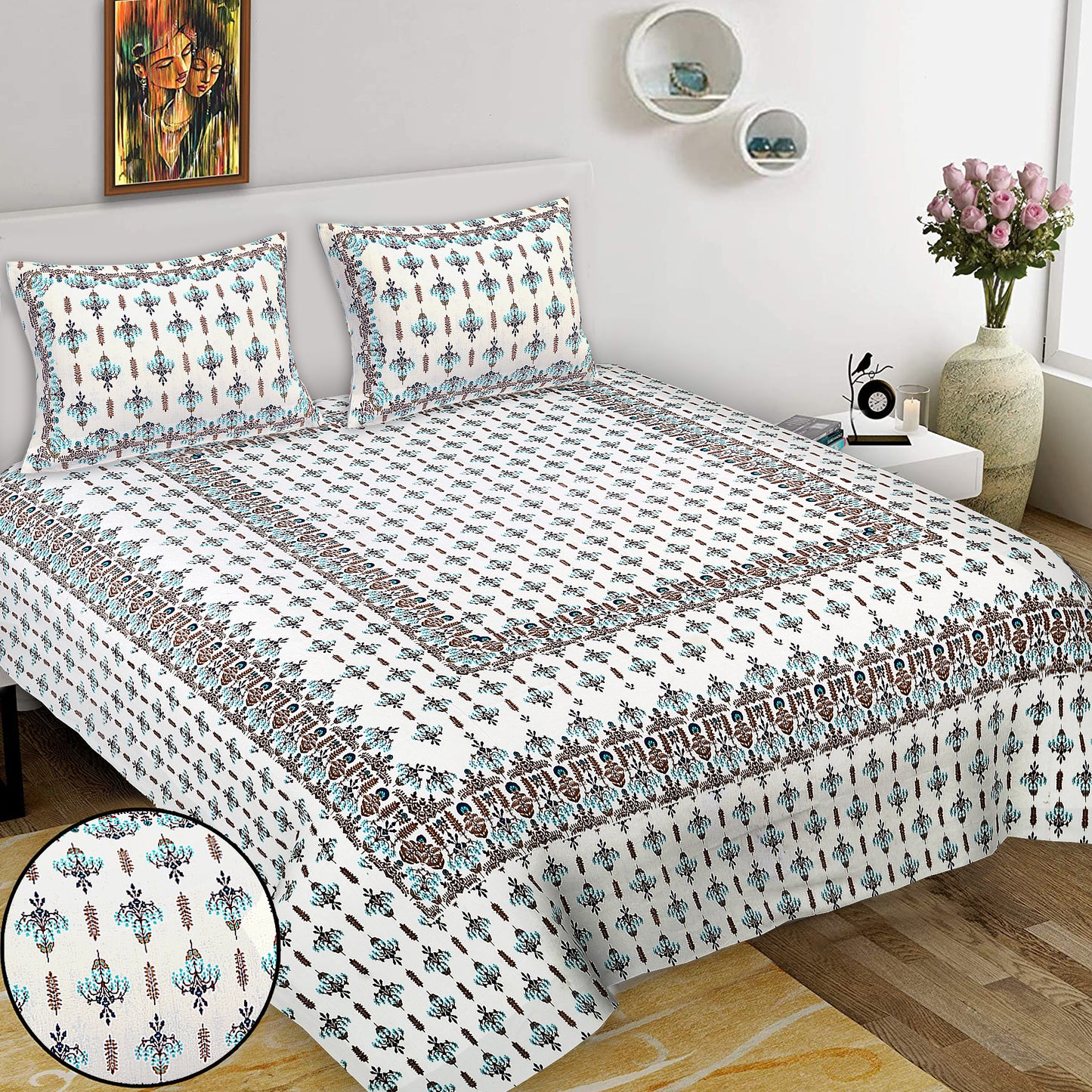 Hand Block Printed Jaipuri Cotton Double Bed Sheet With 2 Pillow Covers - Floral Pattern Ethnic Indian Design (Copy)