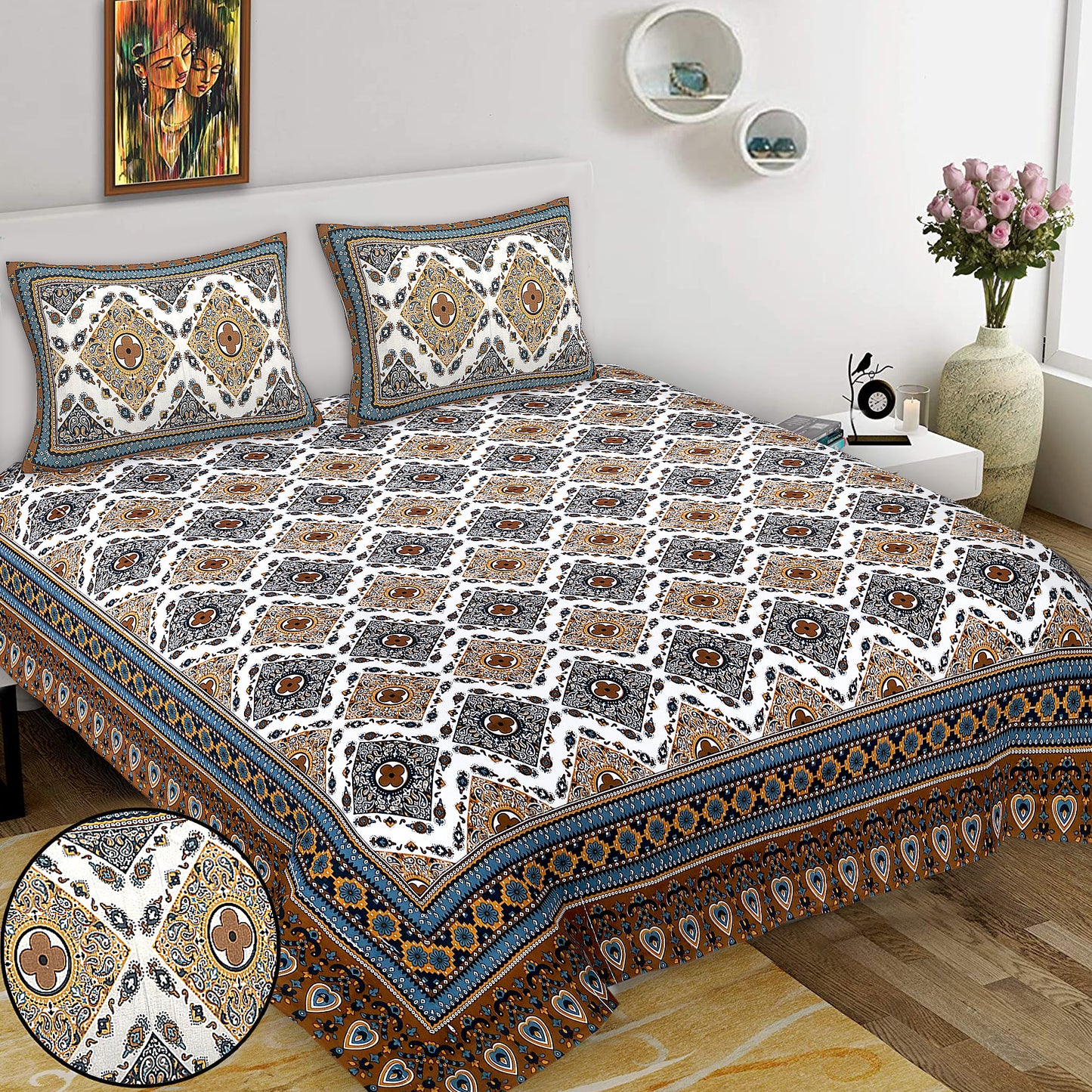 Hand Block Printed Jaipuri Cotton Double Bed Sheet With 2 Pillow Covers - Floral Pattern Ethnic Indian Design