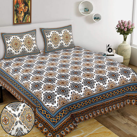 Hand Block Printed Jaipuri Cotton Double Bed Sheet With 2 Pillow Covers - Floral Pattern Ethnic Indian Design
