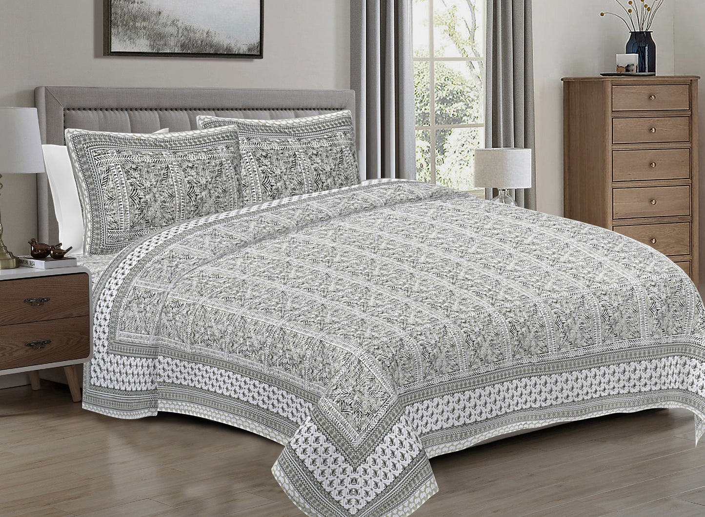 Hand Block Printed Jaipuri Cotton Double Bed Sheet With 2 Pillow Covers - Floral Pattern Ethnic Indian Design
