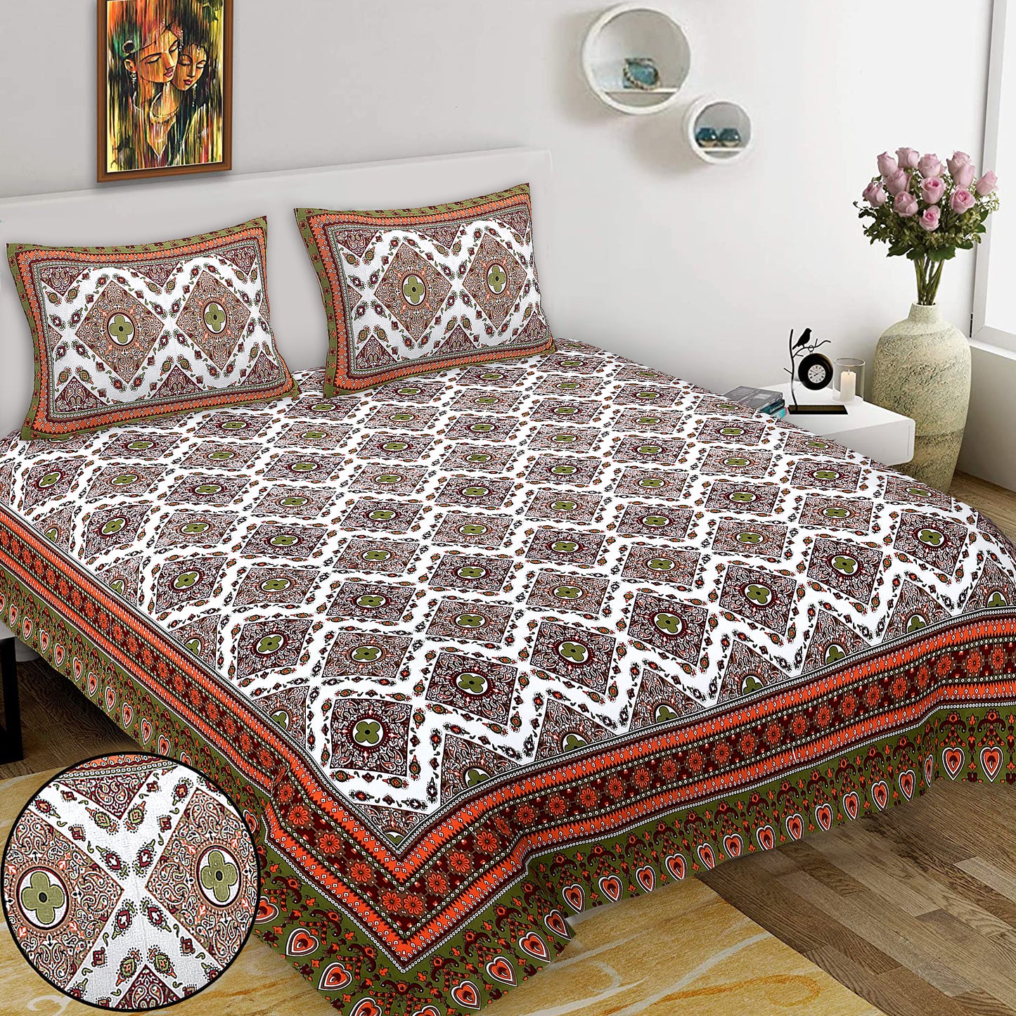 Hand Block Printed Jaipuri Cotton Double Bed Sheet With 2 Pillow Covers - Floral Pattern Ethnic Indian Design