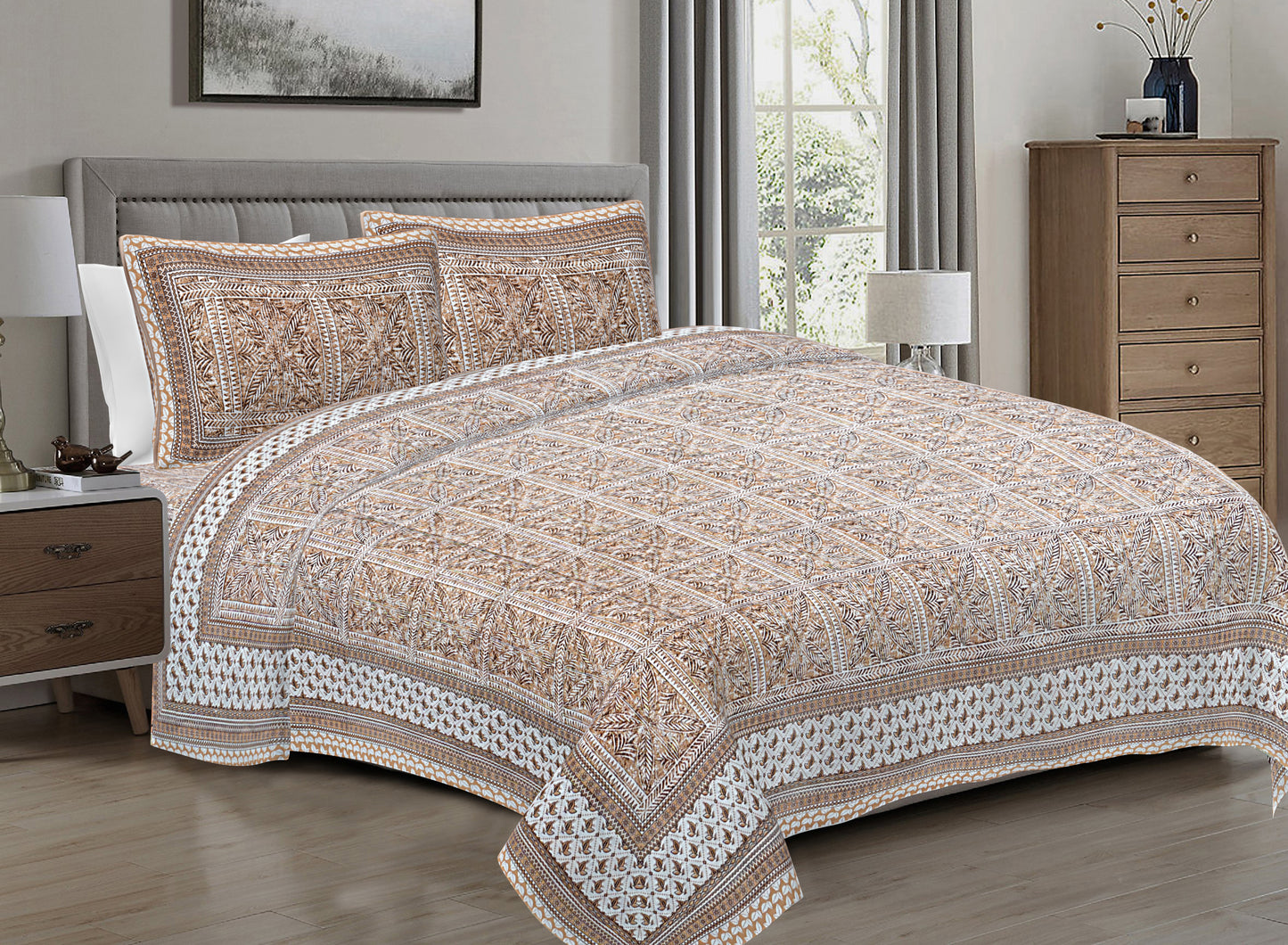 Hand Block Printed Jaipuri Cotton Double Bed Sheet With 2 Pillow Covers - Floral Pattern Ethnic Indian Design