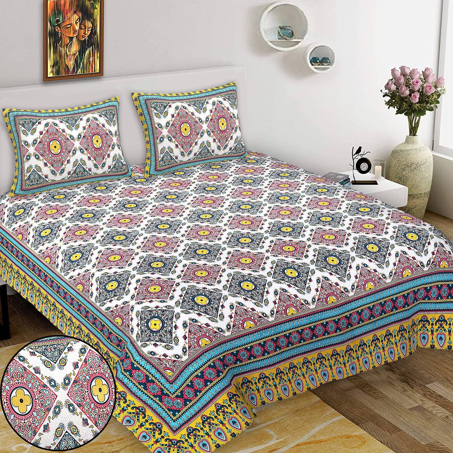 Hand Block Printed Jaipuri Cotton Double Bed Sheet With 2 Pillow Covers - Floral Pattern Ethnic Indian Design