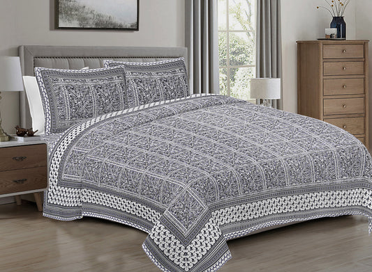 Hand Block Printed Jaipuri Cotton Double Bed Sheet With 2 Pillow Covers - Floral Pattern Ethnic Indian Design