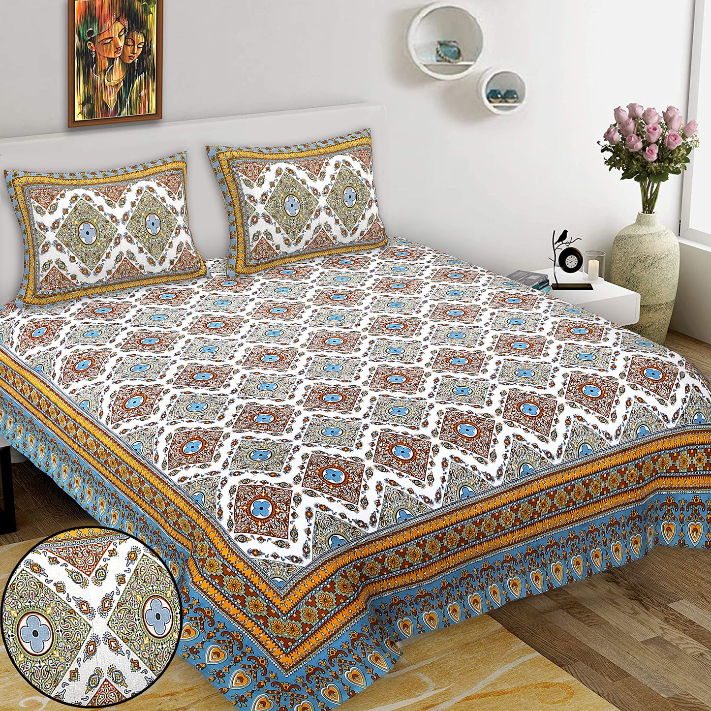 Hand Block Printed Jaipuri Cotton Double Bed Sheet With 2 Pillow Covers - Floral Pattern Ethnic Indian Design
