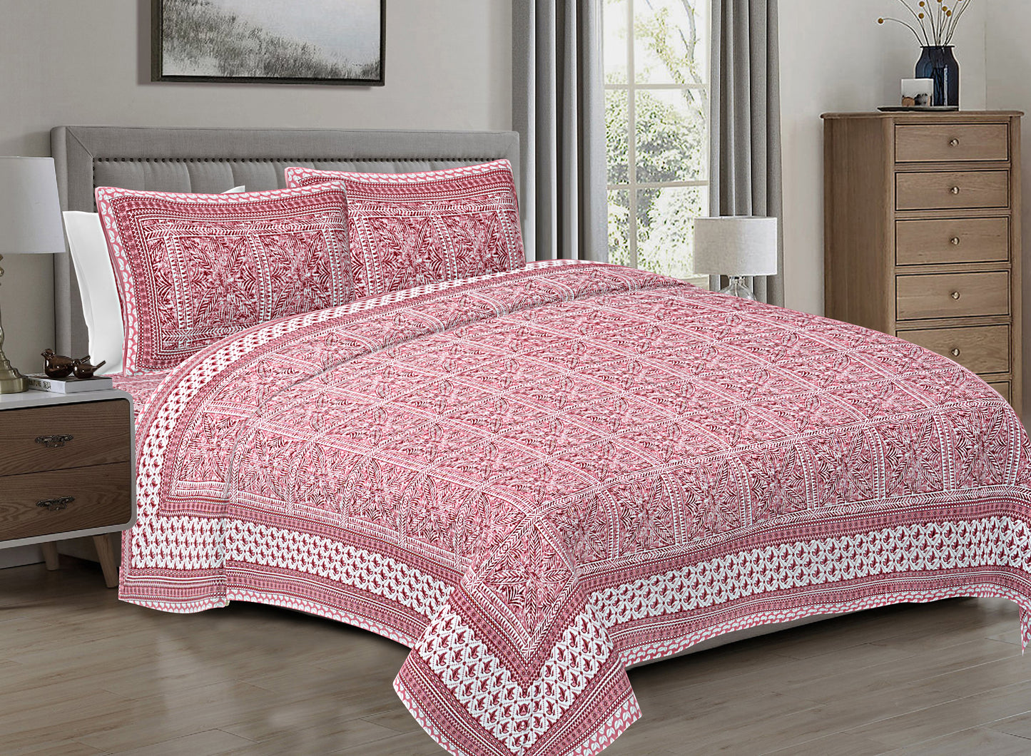 Hand Block Printed Jaipuri Cotton Double Bed Sheet With 2 Pillow Covers - Floral Pattern Ethnic Indian Design