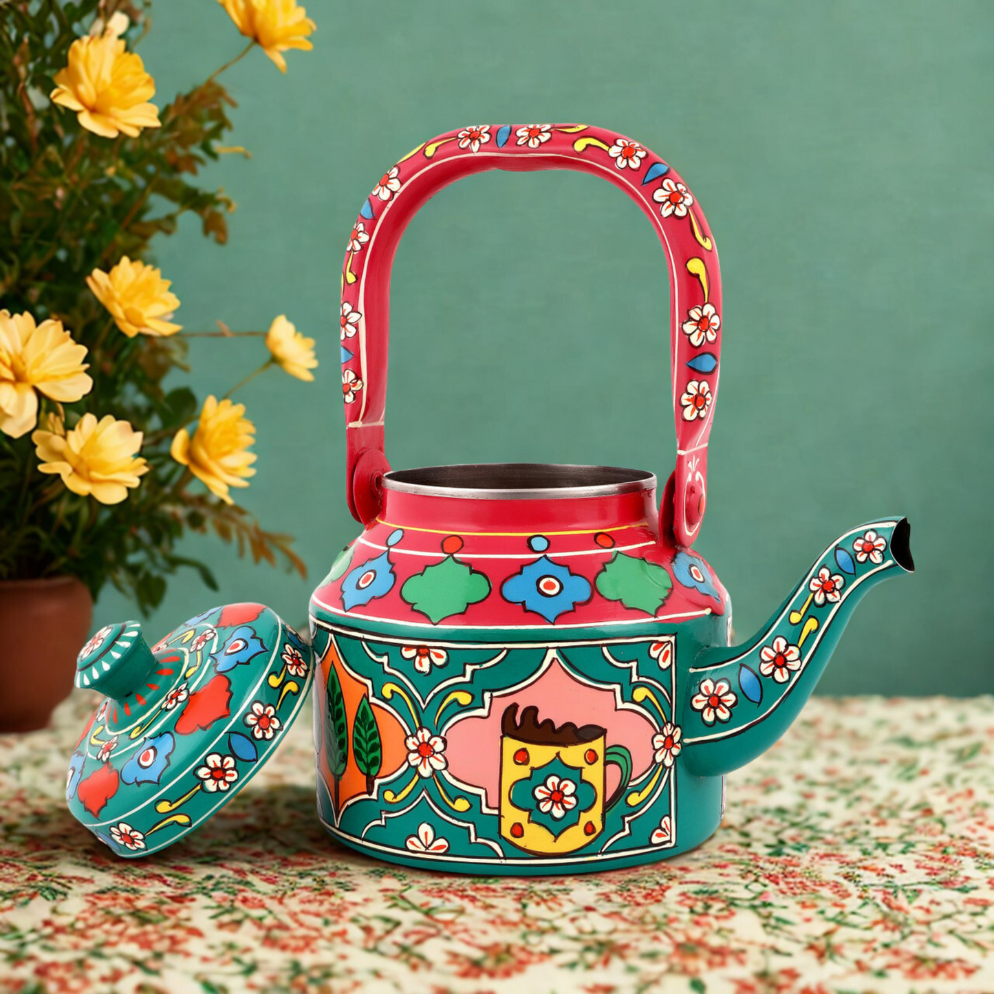 HanPainted Stainless Steel Tea Kettle - Artistic Decorative Floral Tea Pot for Home Kitchen Decor