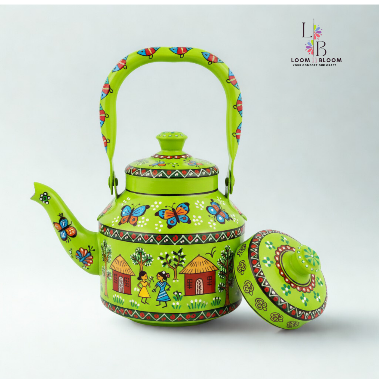 HanPainted Stainless Steel Tea Kettle - Artistic Decorative Floral Tea Pot for Home Kitchen Decor Ghar combo