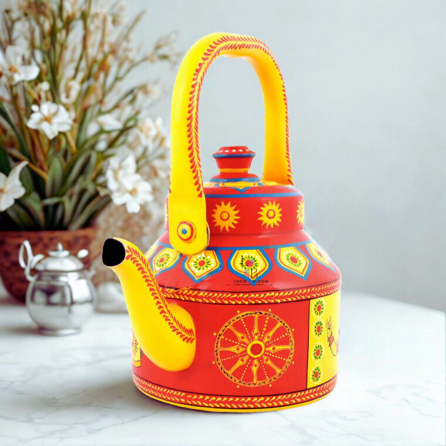 HanPainted Stainless Steel Tea Kettle - Artistic Decorative Floral Tea Pot for Home Kitchen Decor kathakali Art