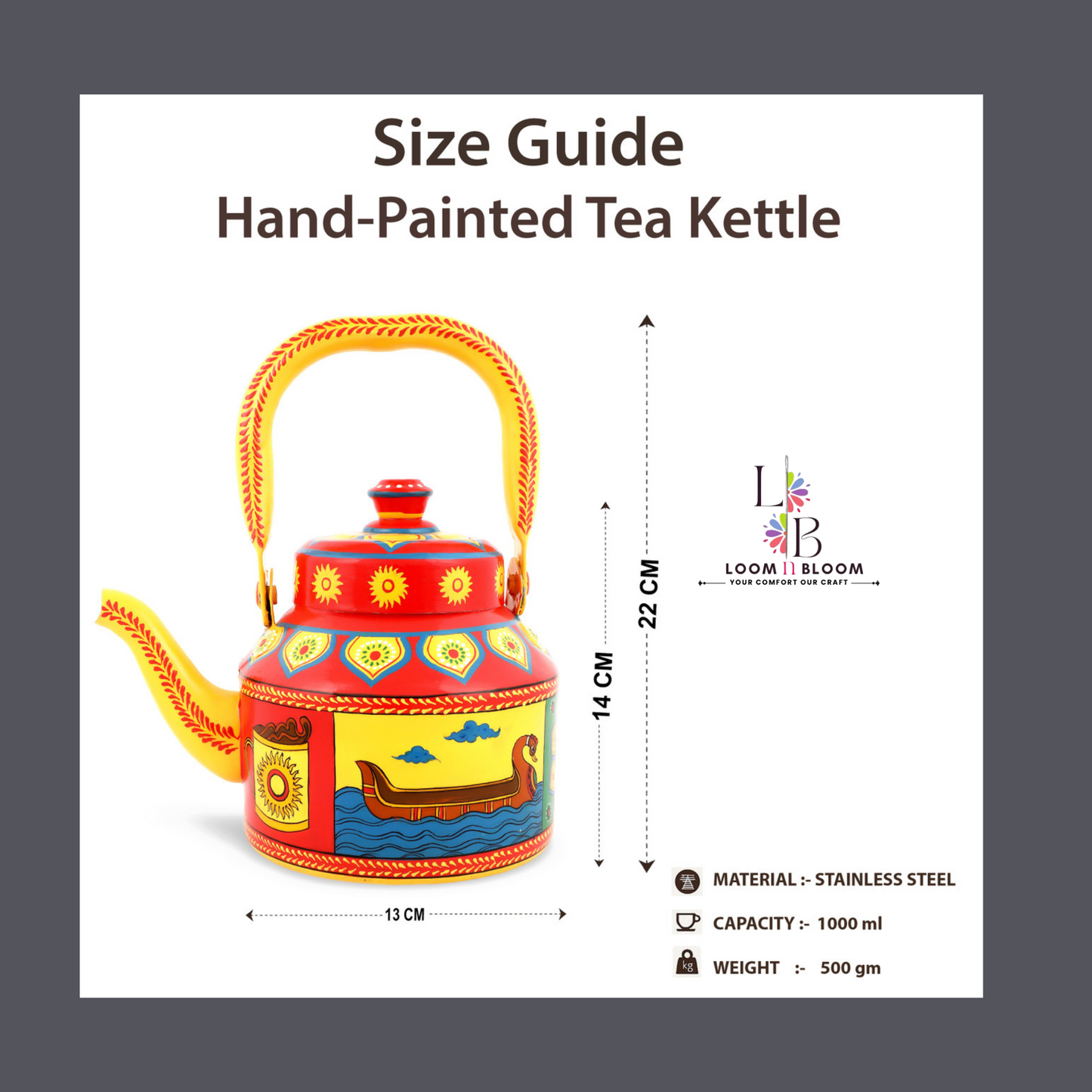 HanPainted Stainless Steel Tea Kettle - Artistic Decorative Floral Tea Pot for Home Kitchen Decor kathakali Art