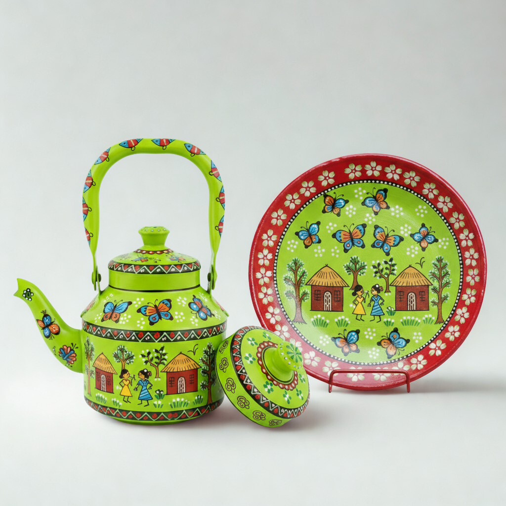 HanPainted Stainless Steel Tea Kettle - Artistic Decorative Floral Tea Pot for Home Kitchen Decor Ghar combo