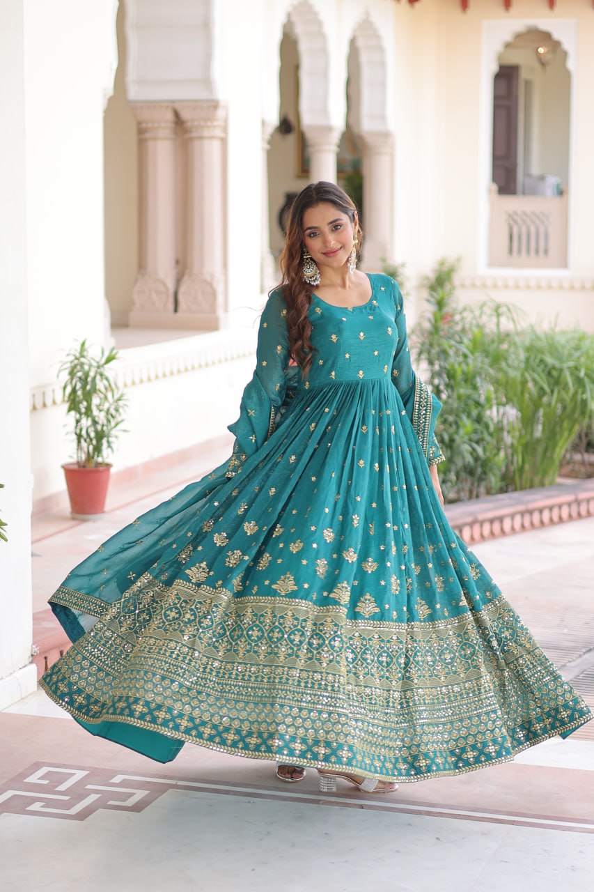 Loom n Bloom Women’s Teal Ethnic Anarkali Gown – Designer Indian -with Intricate Foil & Mirror Work, Traditional Outfit