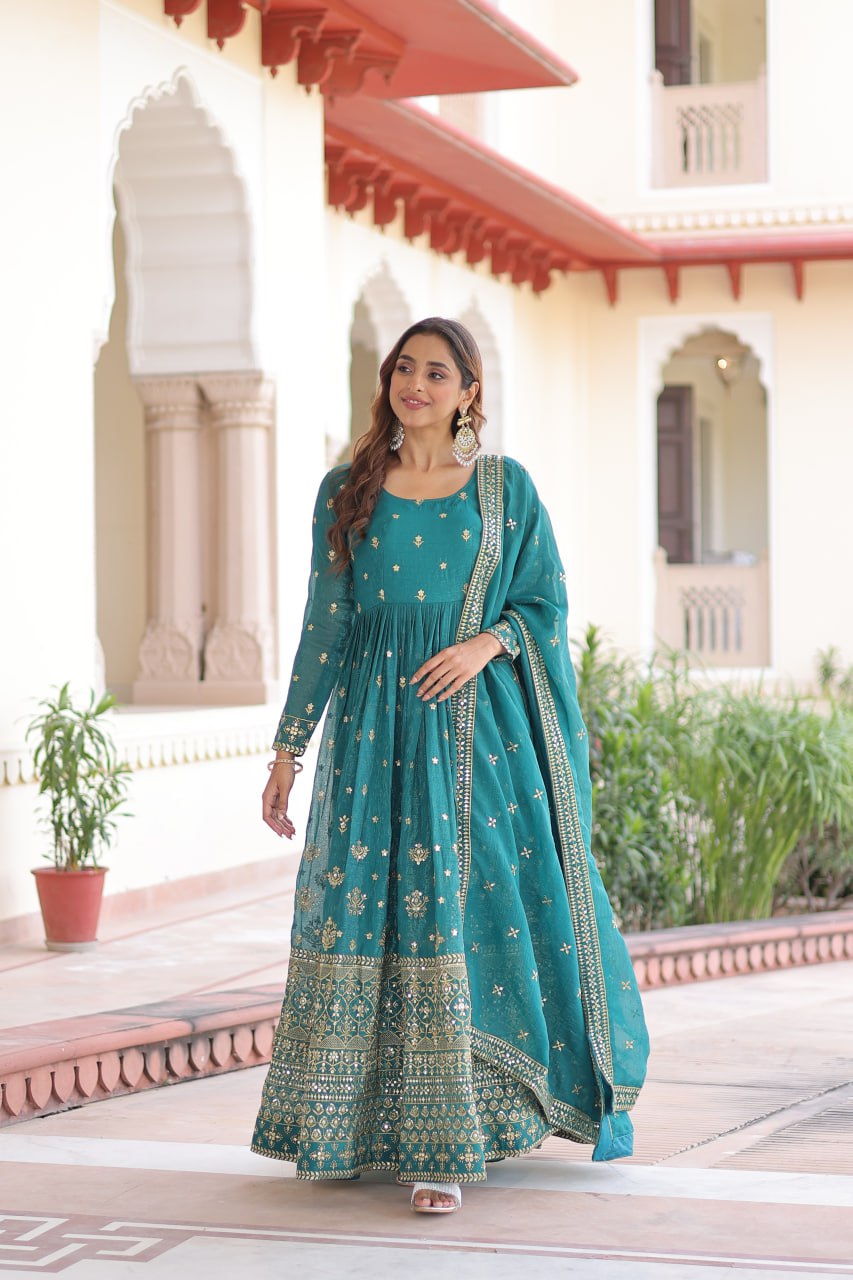 Loom n Bloom Women’s Teal Ethnic Anarkali Gown – Designer Indian -with Intricate Foil & Mirror Work, Traditional Outfit