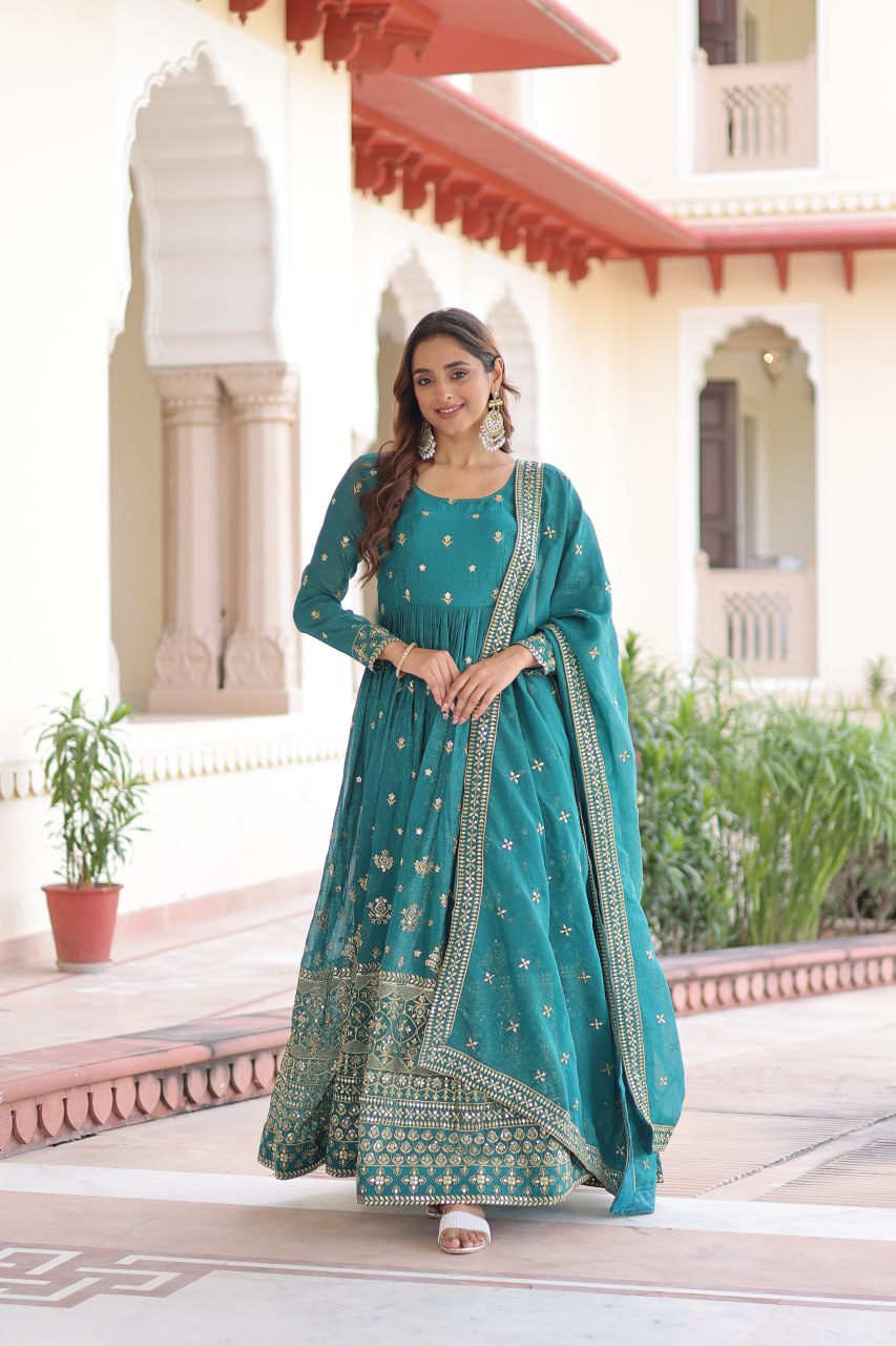 Loom n Bloom Women’s Teal Ethnic Anarkali Gown – Designer Indian -with Intricate Foil & Mirror Work, Traditional Outfit