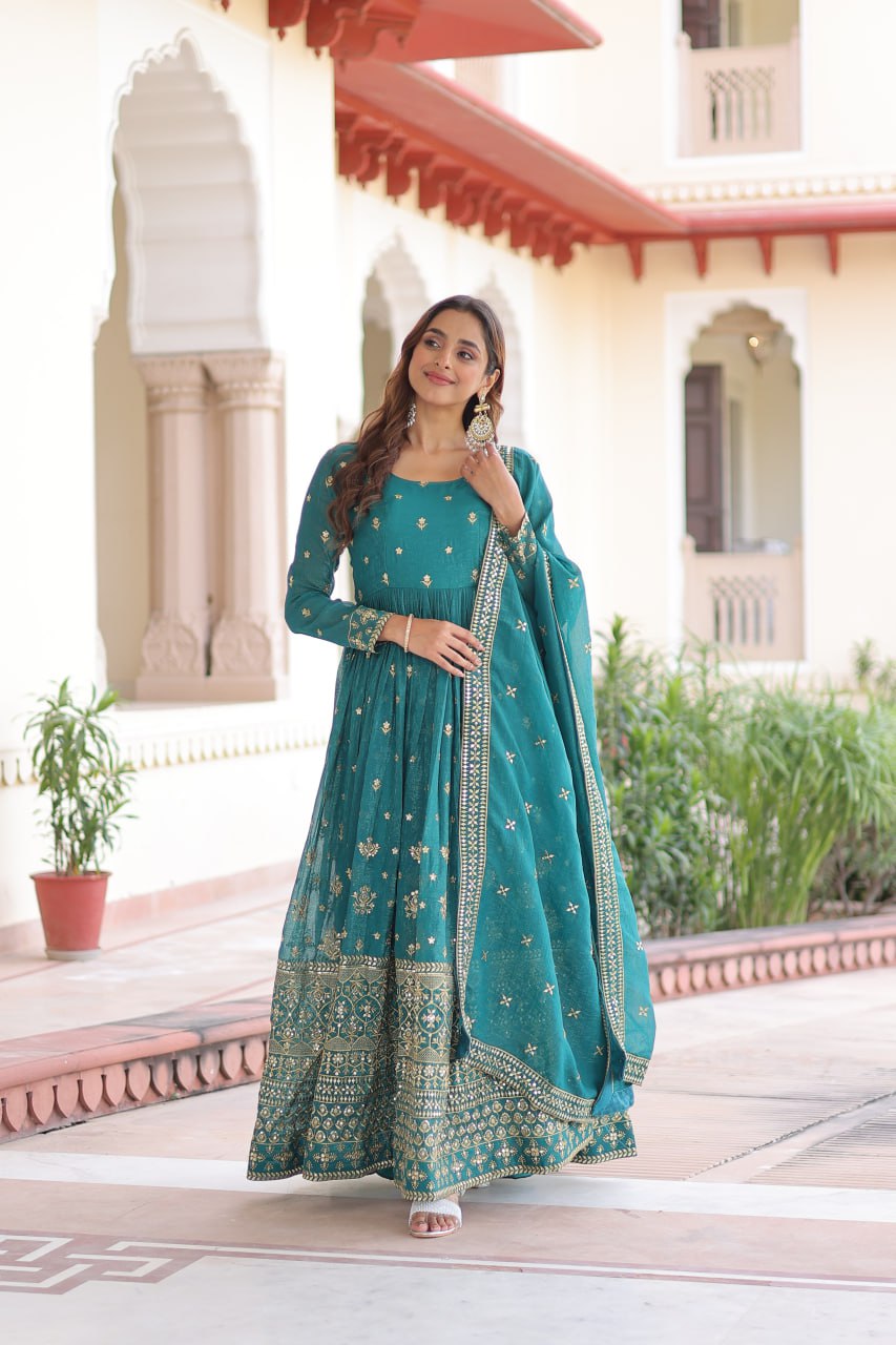 Loom n Bloom Women’s Teal Ethnic Anarkali Gown – Designer Indian -with Intricate Foil & Mirror Work, Traditional Outfit