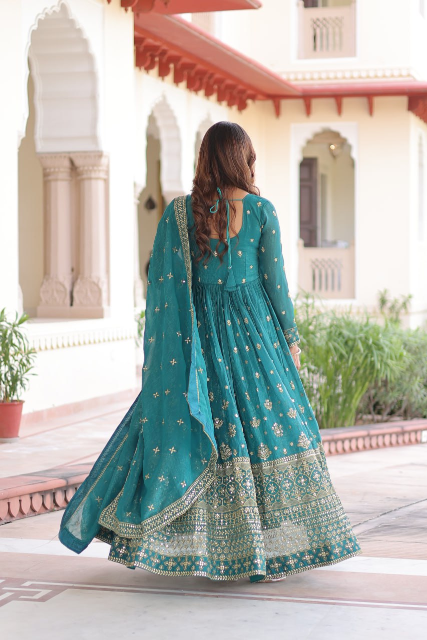 Loom n Bloom Women’s Teal Ethnic Anarkali Gown – Designer Indian -with Intricate Foil & Mirror Work, Traditional Outfit
