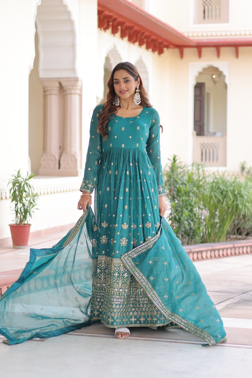 Loom n Bloom Women’s Teal Ethnic Anarkali Gown – Designer Indian -with Intricate Foil & Mirror Work, Traditional Outfit
