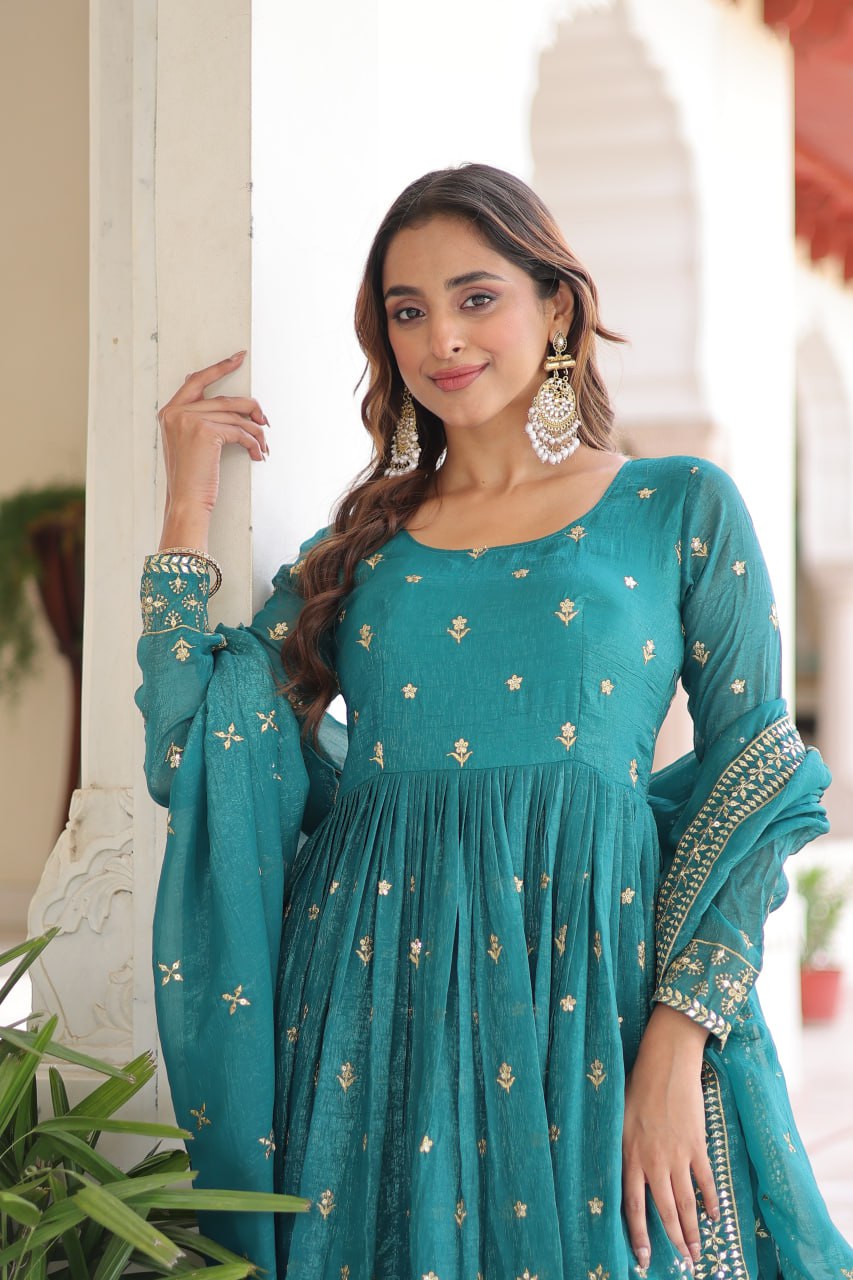 Loom n Bloom Women’s Teal Ethnic Anarkali Gown – Designer Indian -with Intricate Foil & Mirror Work, Traditional Outfit