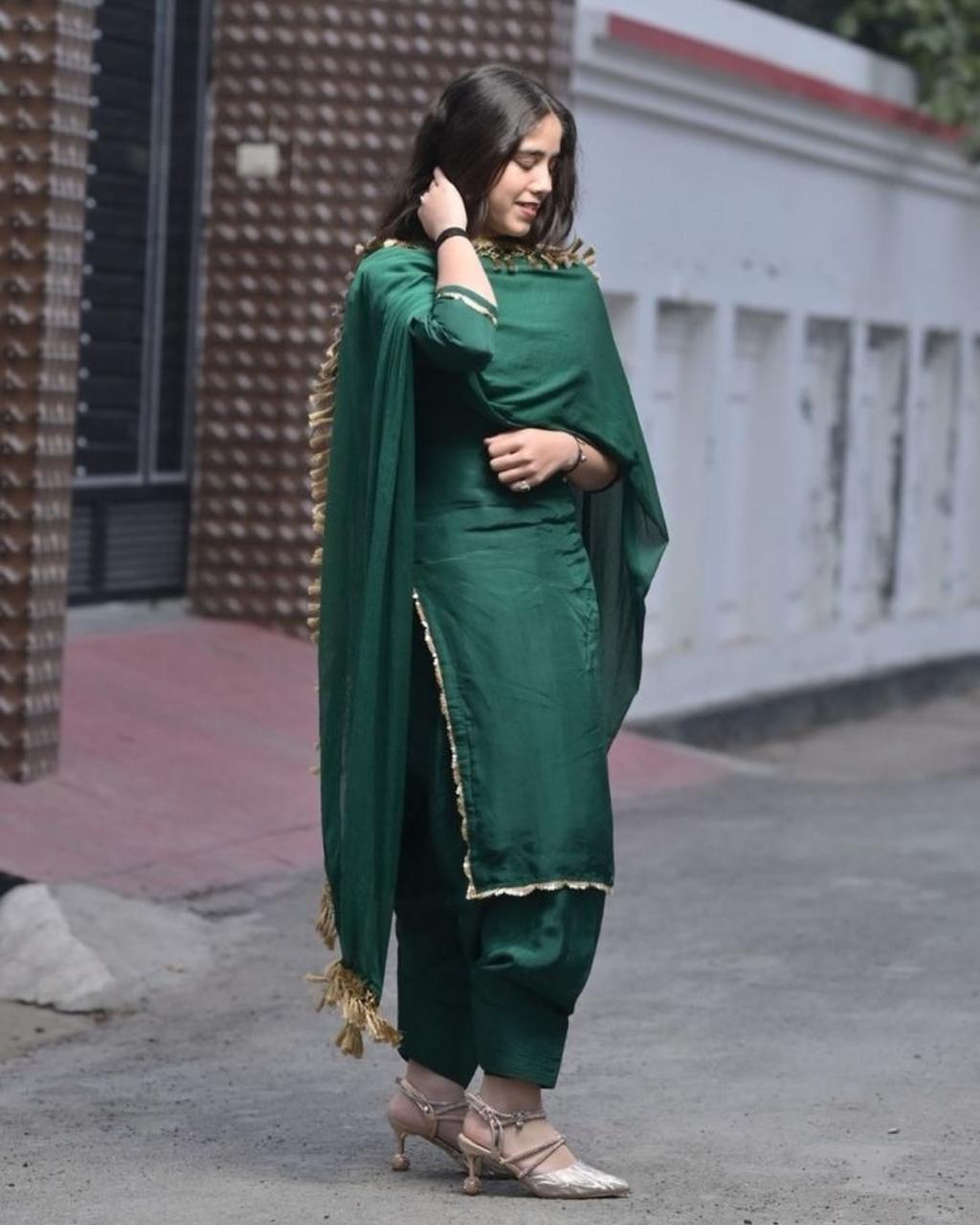 Loom n Bloom Women’s Vibrant Green/Pink  Blooming Ethnic Suit Set – Elegant Festive Party Wear with Sequined Embroidery & Designer Dupatta