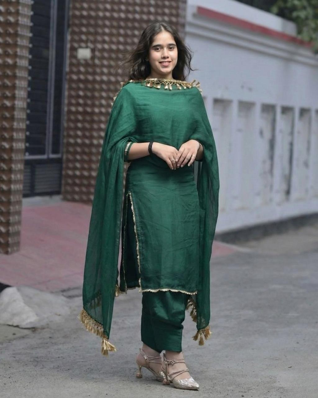 Loom n Bloom Women’s Vibrant Green/Pink  Blooming Ethnic Suit Set – Elegant Festive Party Wear with Sequined Embroidery & Designer Dupatta